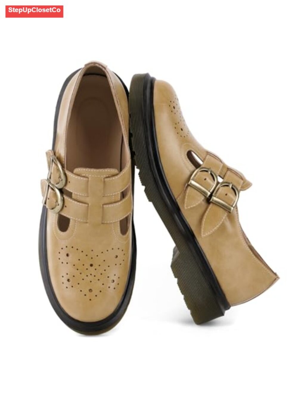Chunky Mary Janes Faux Leather Double Buckle Platform Shoes